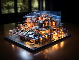 Wall Mural - Holographic 3D model of family house on table, modern architectural and technology concept