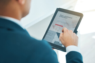 Aufkleber - Business man, hand and tablet, screen and website with strategy, reading corporate news and research. Digital, professional project planning and scroll online with article, information for growth
