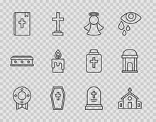 Set Line Memorial Wreath, Church Building, Angel, Coffin With Cross, Holy Bible Book, Burning Candle, Grave Tombstone And Old Crypt Icon. Vector