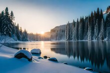 Winter Forest In The Carpathians On Lake Vito, Generative AI