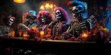 Skeletons In Stylish Festive Outfit Sitting At The Table And Celebrating Halloween