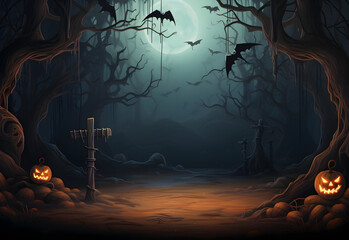 Wall Mural - halloween mystical dark forest mockup with pumpkins jack-o-lantern decorations and spooky background