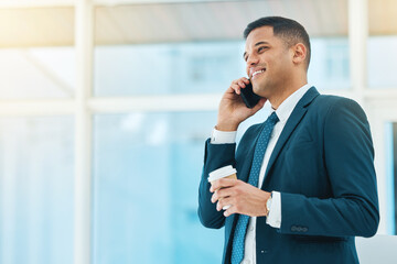 Aufkleber - Phone call, talking and business man in office for online chat, networking and discussion. Corporate worker, coffee break and happy person on smartphone speak for planning, schedule and communication