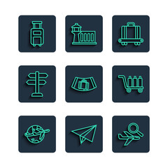 Canvas Print - Set line Globe with flying plane, Paper airplane, Airplane search, Conveyor belt suitcase, Road traffic sign, Suitcase and Trolley baggage icon. Vector