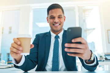 Aufkleber - Phone, coffee and business man in office online for social media, networking and check email. Corporate worker, professional and person with tea on smartphone for internet, website and mobile app