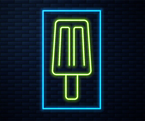 Sticker - Glowing neon line Ice cream icon isolated on brick wall background. Sweet symbol. Vector