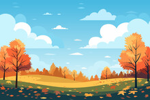 Landscape Of A Beautiful Autumn Forest. Beautiful Autumn Trees, Colorful Leaves On The Grass, Blue Sky And Clouds. Vector Illustration