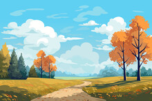 Landscape Of A Beautiful Autumn Park. Beautiful Autumn Trees, Falling Colorful Leaves, Clouds In The Blue Sky And A Road Leading To The Forest. Vector Illustration