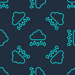 Poster - Green line Cloud with rain icon isolated seamless pattern on blue background. Rain cloud precipitation with rain drops. Vector