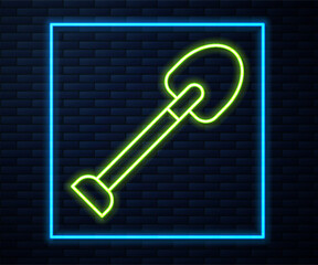 Sticker - Glowing neon line Shovel icon isolated on brick wall background. Gardening tool. Tool for horticulture, agriculture, farming. Vector