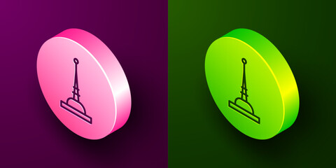 Sticker - Isometric line Antenna icon isolated on purple and green background. Radio antenna wireless. Technology and network signal radio antenna. Circle button. Vector