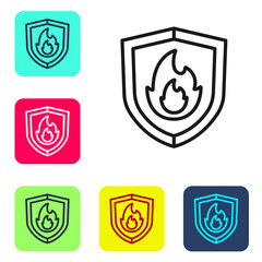 Sticker - Black line Fire protection shield icon isolated on white background. Insurance concept. Security, safety, protection, protect concept. Set icons in color square buttons. Vector