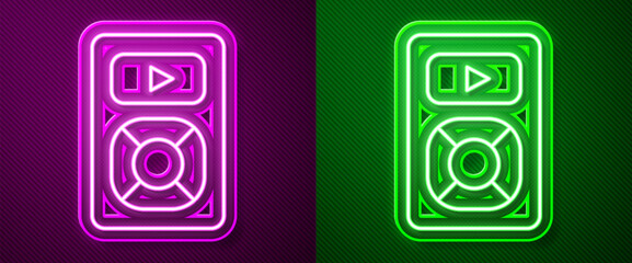 Sticker - Glowing neon line Music player icon isolated on purple and green background. Portable music device. Vector