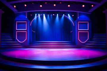 Theater stage light background with spotlight illuminated the stage for opera performance. Empty stage with bright colors backdrop decoration. Entertainment show. Stage curtain.