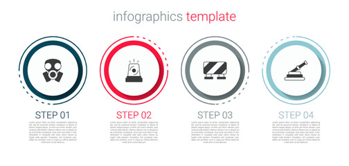 Sticker - Set Gas mask, Flasher siren, Road barrier and Fire hose reel. Business infographic template. Vector