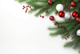 Fototapeta Panele - Christmas decoration with fir branches and baubles on a white background with copy space. AI generated