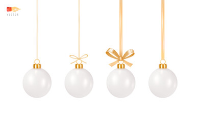 Wall Mural - Set of Hanging Christmas Toys. Traditional Christmas Tree Toy - Shiny White Ball hanging on a golden thread, on a ribbon, with a bow. Festive decor. Luxury decoration. Realistic 3d vector