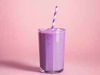 Wall Mural - Blueberry smoothie on pink background. Flat lay. Minimal and modern summer concept.