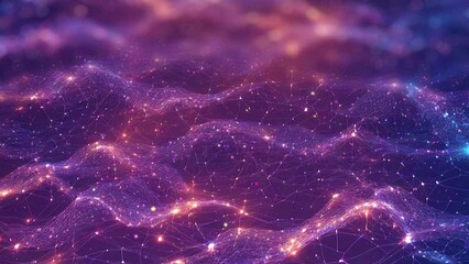 Wall Mural - Cyber or Technology Background with Abstract Mesh, Sparkling Wave Particles, and Glowing Red Dots