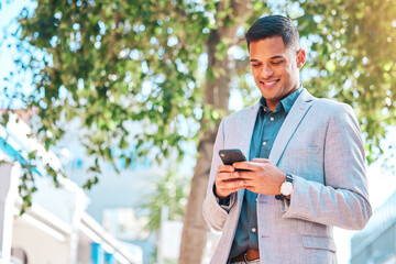 Aufkleber - Phone, city and happy business man scroll, smile and reading online article story, corporate email or company blog. Smartphone app, morning commute and professional person on relax journey to work