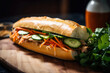 A mouthwatering Juicy Pork and Pickled Vegetable Banh Mi, boasting a delightful spicy kick