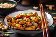Delicious Spicy Kung Pao Chicken With Peanuts And Chili Peppers, Served In A Ceramic Bowl With Chopsticks, Showcasing Authentic Chinese Cuisine