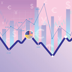 Creative infographics, world currencies, stock candlesticks, the rise and fall of the stock exchange, charts, pie chart. Vector for describing SMM and banners for the exchange and market