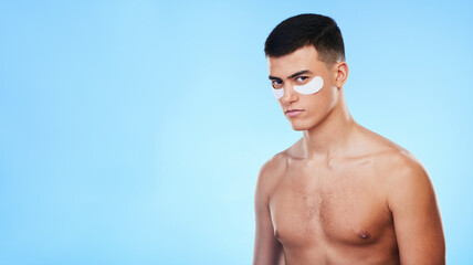 man, beauty and banner with eye patch for skincare, grooming and clean with hygiene on blue backgrou