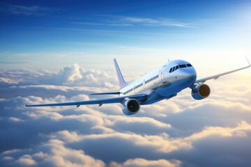 White passenger airplane flying in the sky amazing clouds in the background