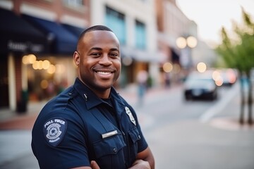 Portrait of smiling african american policeman standing with arms crossed in city