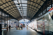 Lucerne, Switzerland - August 10, 2023: Platform At Lucerne Central Railway Station, Switzerland