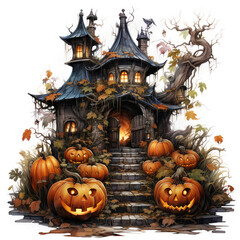 Poster -  Halloween House pumpkin and Sunflowers isolated on white background