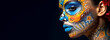 Fashion model skin face in original make-up for Day of the Dead. Close-up. Banner. Generative Ai content.