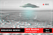 UFO, Spaceship And Alien In Sky, Earth Or Nature In Breaking News, Broadcast Background Or Television Recording. Spacecraft, Glow And Research Or Surveillance With Warning Sign, Scifi Or Tv Broadcast