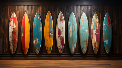 Wall Mural - Surfboards lined up on barn wood - ocean - waves 