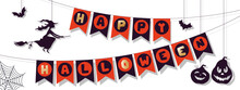 Halloween Banner With Traditional Symbols, Witch Silhouette And Bats, Pumpkins. Flags Garland With Letters. Happy Halloween. Vector Illustration.