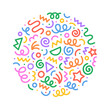 © Dedraw Studio - Fun colorful abstract line doodle circle shape. Creative minimalist style art round symbol for children or party celebration with modern shapes. Simple upbeat circular drawing scribble decoration.