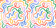 Fun Colorful Line Doodle Seamless Pattern. Creative Minimalist Style Art Background For Children Or Trendy Design With Basic Shapes. Simple Childish Scribble Backdrop.