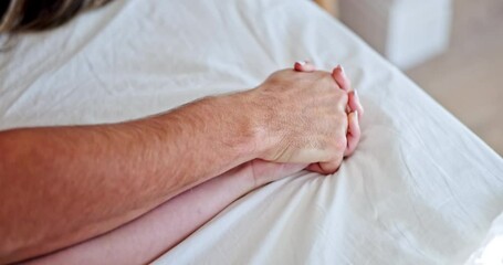 Poster - Love, hand holding and trust with couple in bedroom for relax, intimate and marriage. Connection, partner and morning with closeup of man and woman in bed at home for peace, care and relationship