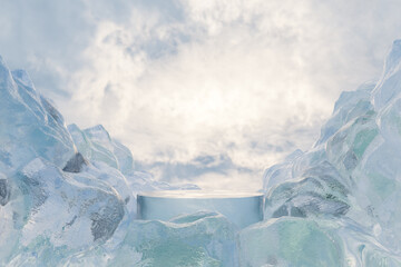 Wall Mural - abstact 3d render winter scene and natural podium background, ice podium on the ice rock and stone f