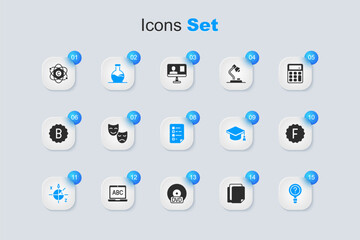 Wall Mural - Set File document, Comedy and tragedy masks, Test tube, Trigonometric circle, Unknown search, Exam paper with incorrect answers, Atom and Clipboard checklist icon. Vector