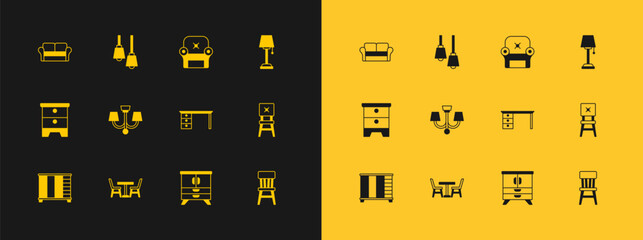 Set Floor lamp, Table with chair, Office desk, Chest of drawers, Chandelier, Armchair, Sofa and Lamp hanging icon. Vector