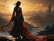 © Vitalii But - Woman warrior silhouette on the background of a fiery sunset in Asian style AI