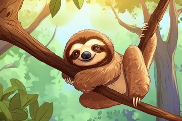 Wall Mural - Funny sloth in nature. Drawn cartoon animal illustration.