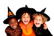 © Pajaros Volando - Three cheerful little girls dresses up as witches for Halloween over isolated transparent background