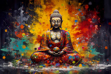 Buddha In Colorful Vintage Style Illustration. Abstract Painting, Oil Painting