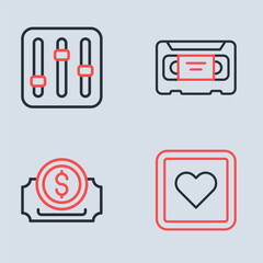 Sticker - Set line VHS video cassette tape, Cinema ticket, Like heart and Sound mixer controller icon. Vector