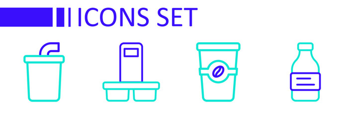 Poster - Set line Bottle of water, Coffee cup to go, and Paper glass with icon. Vector