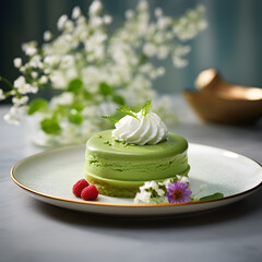 Matcha green tea creamy cake on plate on restaurant table. Healthy gluten free sweet food. Creamy pistachio cake close up. Matcha dessert, round matcha cake