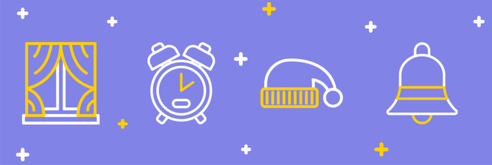 Wall Mural - Set line Ringing bell, Sleeping hat, Alarm clock and Window with curtains icon. Vector